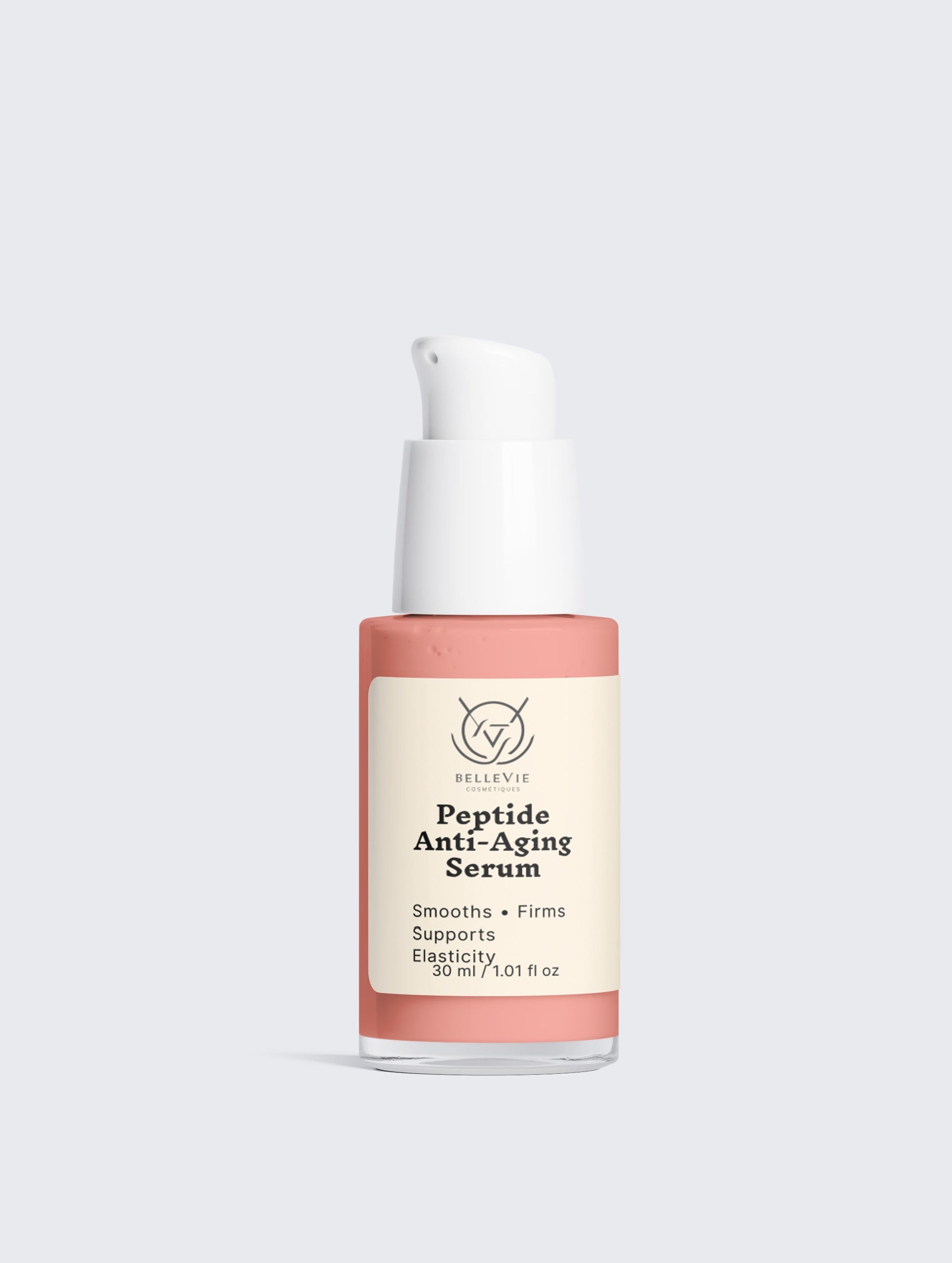 BelleVie Peptide Anti-Aging Serum 30ml pink pump bottle and white box on warm gold bokeh background with floating gold spheres, smooths, reduces fine lines, best collagen boosting serum for mature skin UK and USA, 30ml