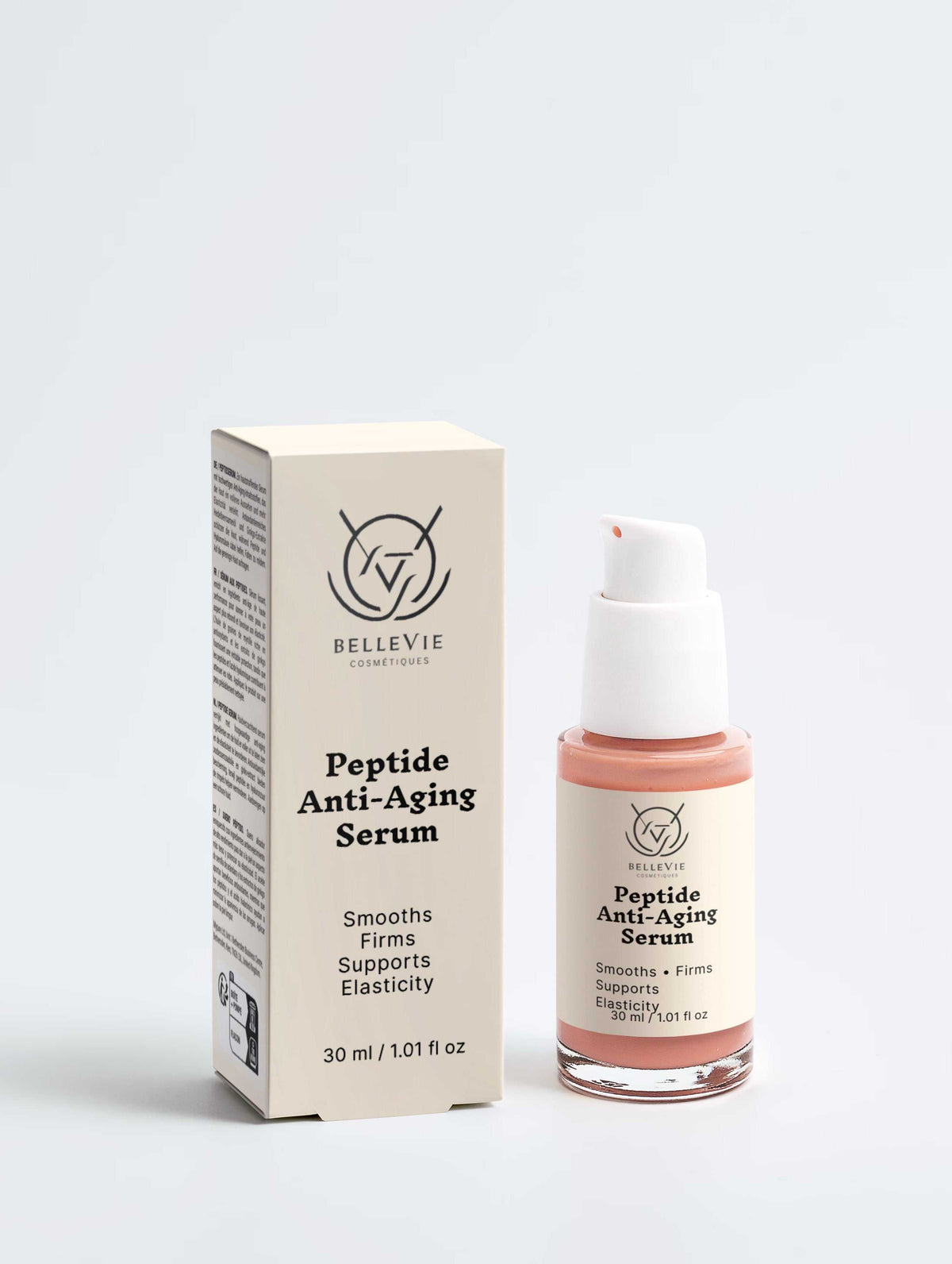 Peptide Anti-Aging Serum in a clear glass pump bottle with a pale pink label and matching cream carton.