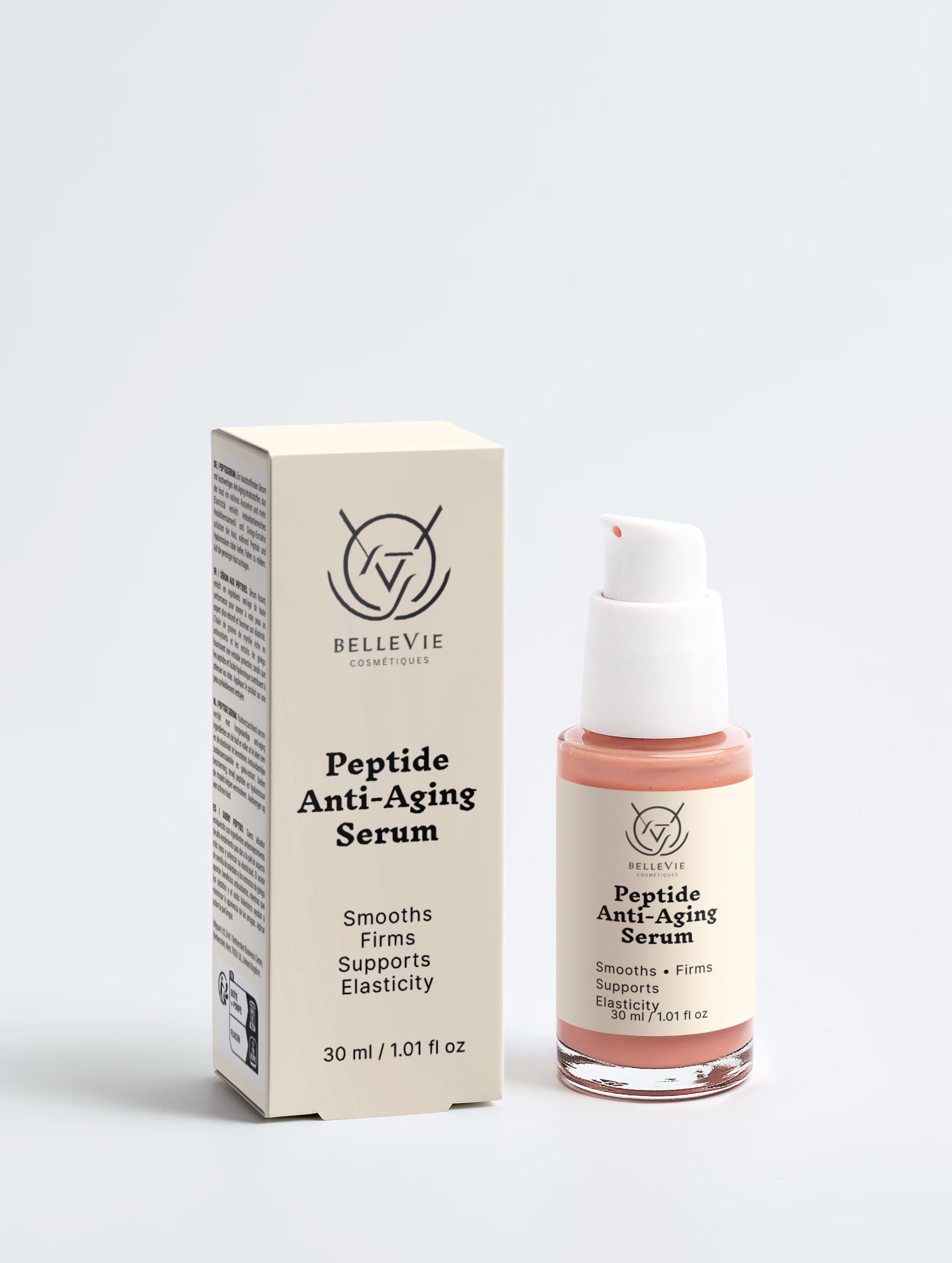 BelleVie Peptide Anti-Aging Serum 30ml pink pump bottle and white box on warm gold silk background with gold molecular chain, smooths, reduces fine lines, best peptide serum for fine lines and firmness, 30ml