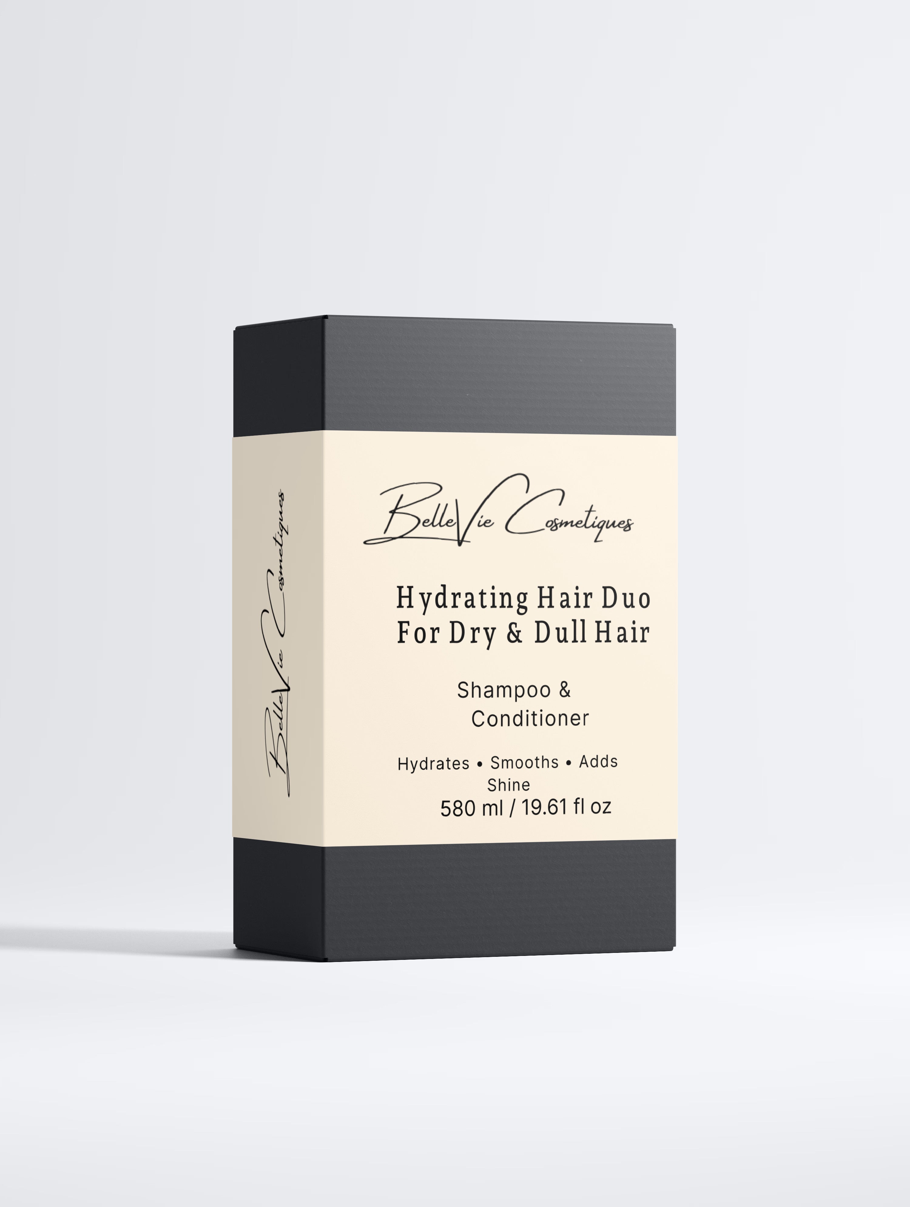 BelleVie Shiny Hair Duo gift box front view on white background, Moisturising Shampoo and Conditioner 300ml each, best shampoo and conditioner gift set for dry and frizzy hair