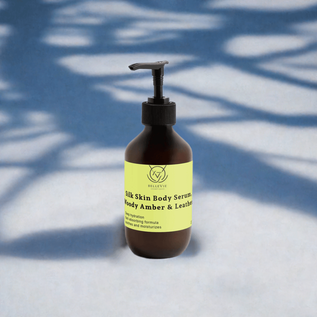 BelleVie Silk Skin Body Serum 270ml - luxurious moisturising body serum with warm woody amber and leather scent, vegan, EU-made