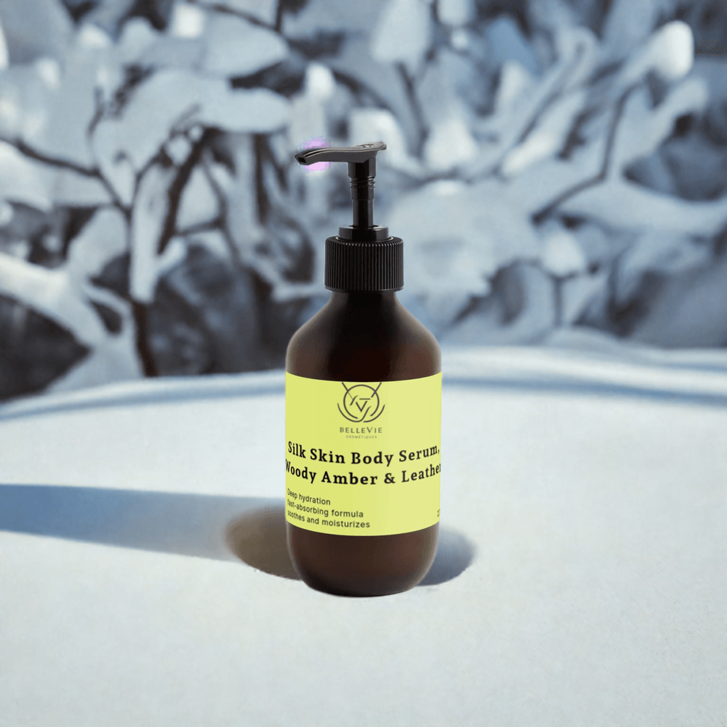 BelleVie Silk Skin Body Serum 270ml Woody Amber and Leather - rosehip oil and jojoba body serum for dry and dull skin