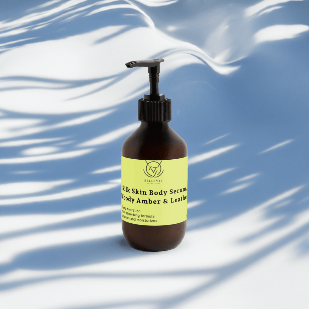 BelleVie Silk Skin Body Serum Woody Amber 270ml - rosehip and nasturtium extract for glowing, silky smooth skin