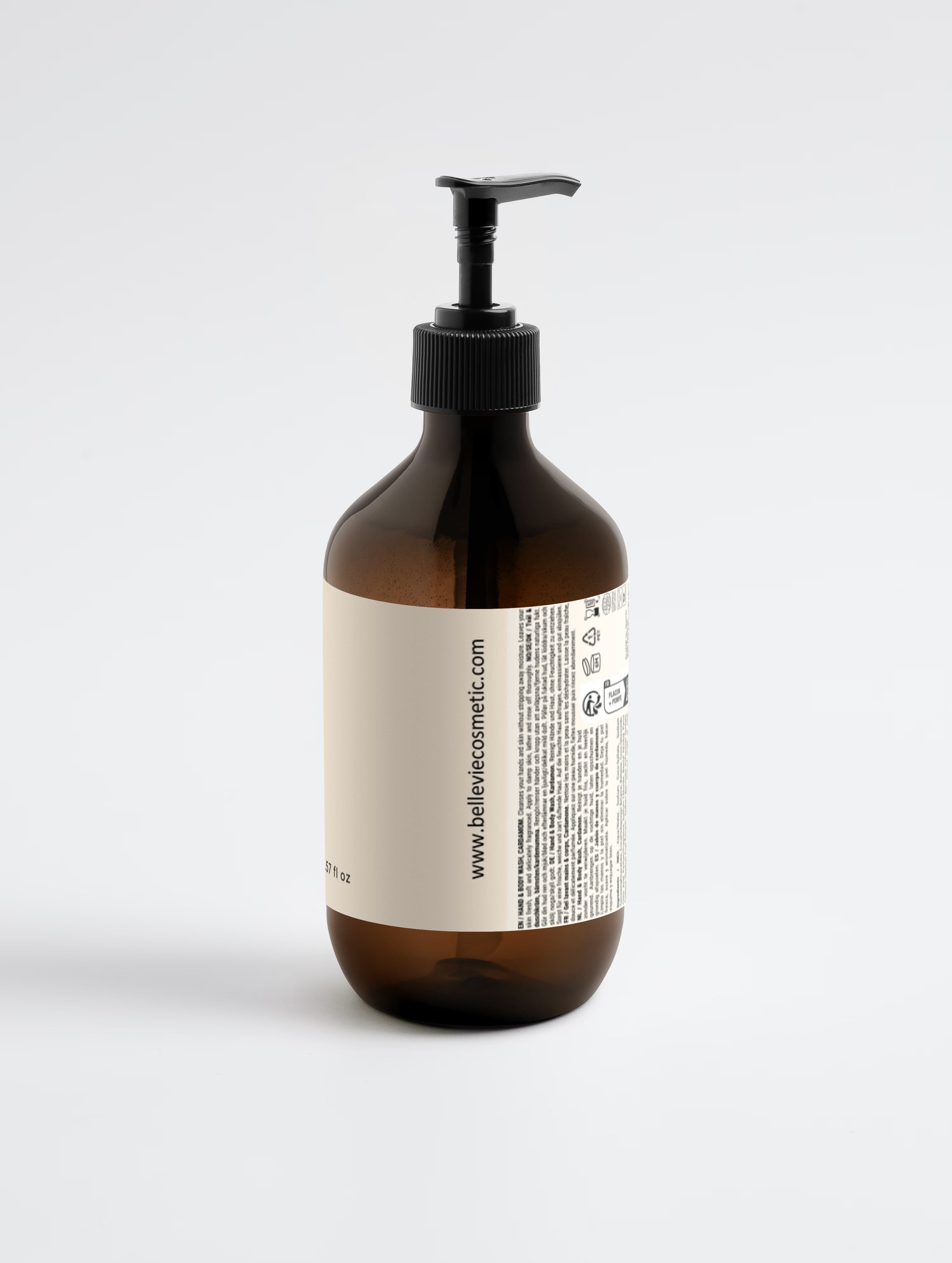 BelleVie Smoky Cardamom Body Wash 490ml back of bottle on white background showing full ingredients list, certifications and belleviecosmetic.com – allergen label free, EU-made