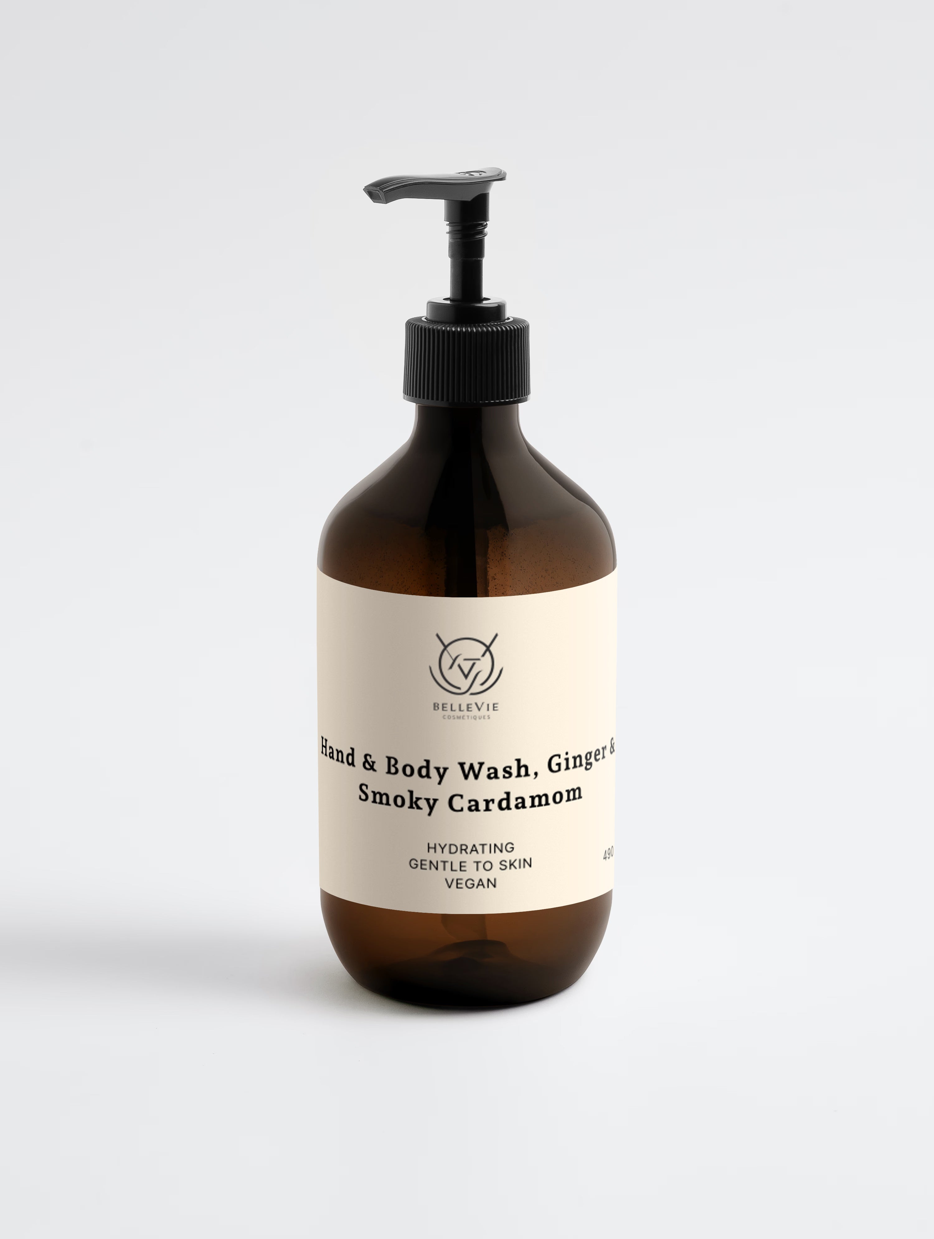 BelleVie Smoky Cardamom Hand & Body Wash 490ml amber pump bottle on white background showing label – hydrating, gentle to skin, vegan – 490ml / 16.57 fl oz
