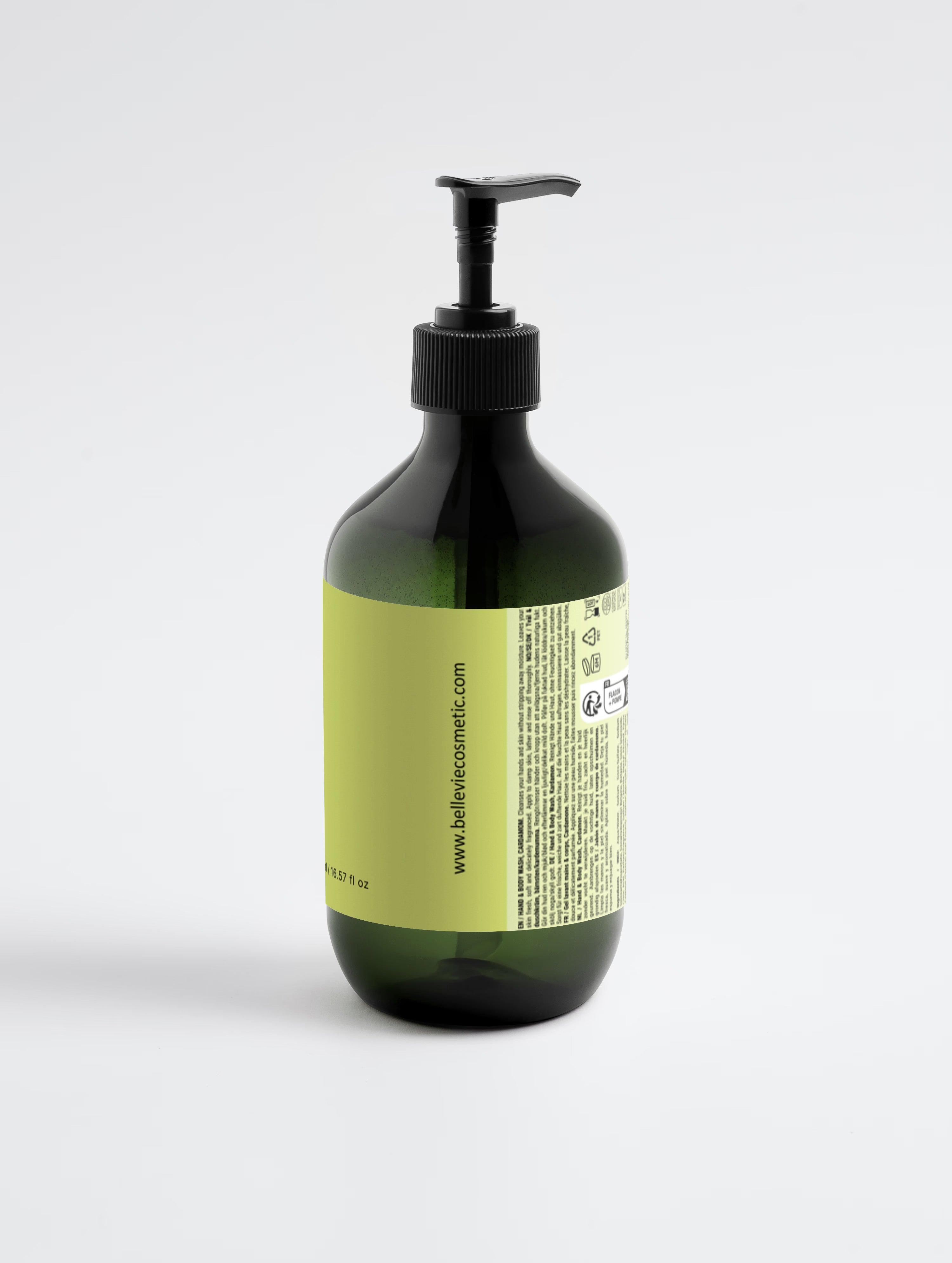 BelleVie Smoky Cardamom Hand and Body Wash 490ml back of bottle on white background showing full ingredients list and belleviecosmetic.com, allergen-free, EU-made, 490ml / 16.57 fl oz