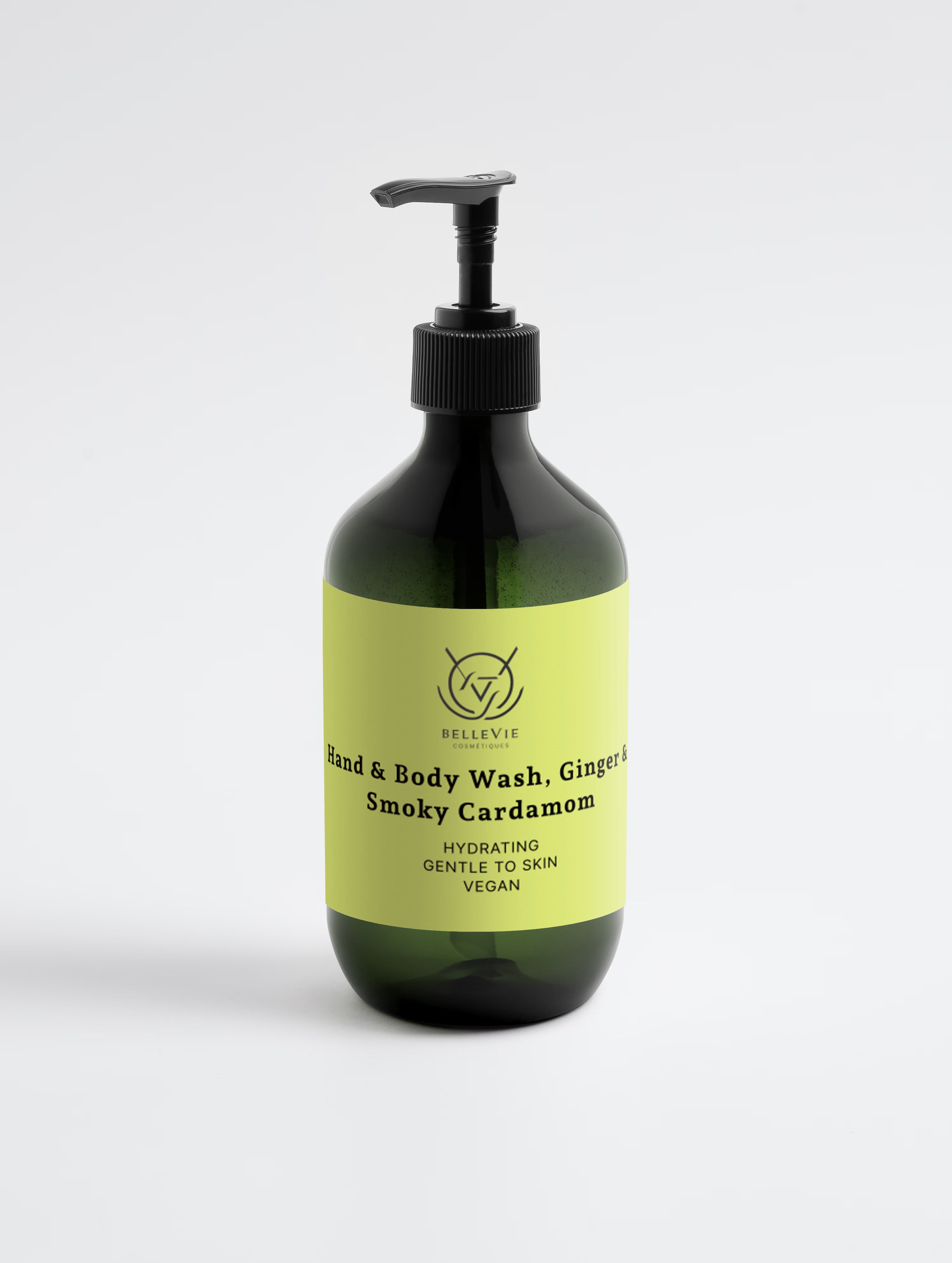 BelleVie Smoky Cardamom Hand and Body Wash 490ml dark green pump bottle on white background, hydrating, gentle to skin, vegan, 490ml / 16.57 fl oz, best sulfate-free body wash