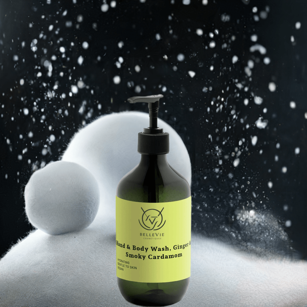 BelleVie Smoky Cardamom Hand and Body Wash 490ml dark green pump bottle with snowball on dark background, hydrating, gentle to skin, vegan, best luxury body wash for men and women
