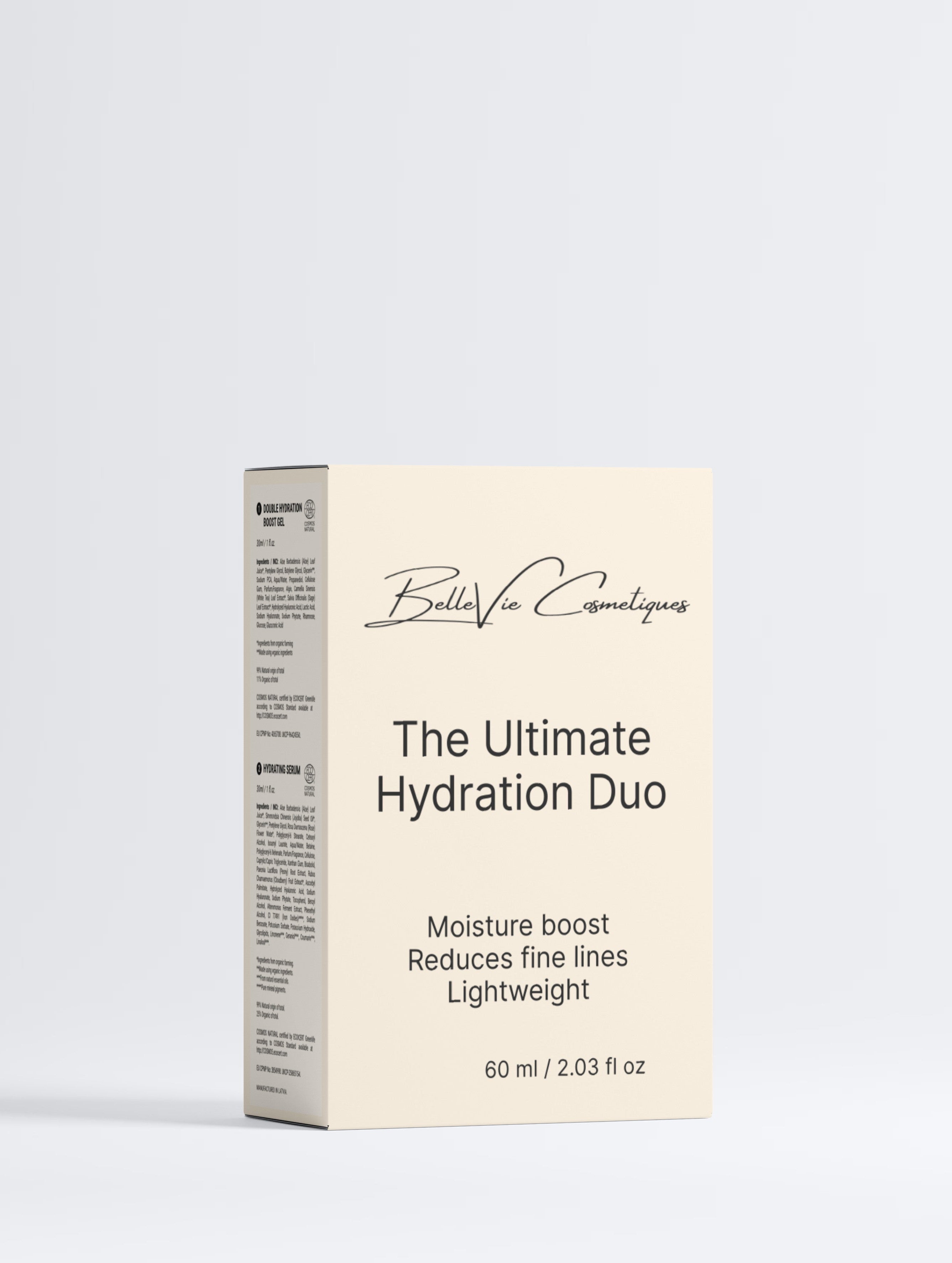 BelleVie Ultimate Hydration Duo gift box on white background – The Ultimate Hydration Duo 60ml, moisture boost, reduces fine lines, lightweight – skincare gift set for dehydrated skin