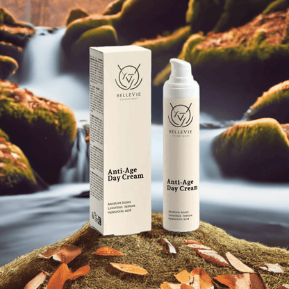 BelleVie anti-age moisturizer bottle on clean minimal background