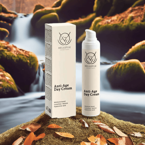 BelleVie anti-age moisturizer bottle on clean minimal background