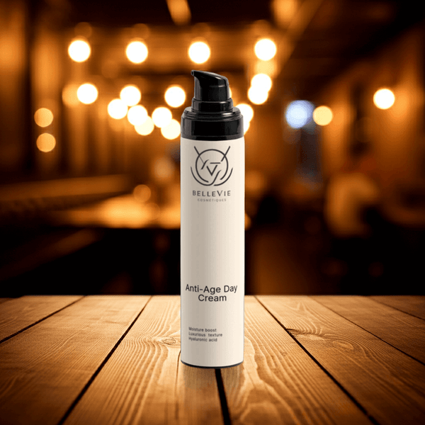 Hydrating anti-aging day cream 50ml bottle on wooden