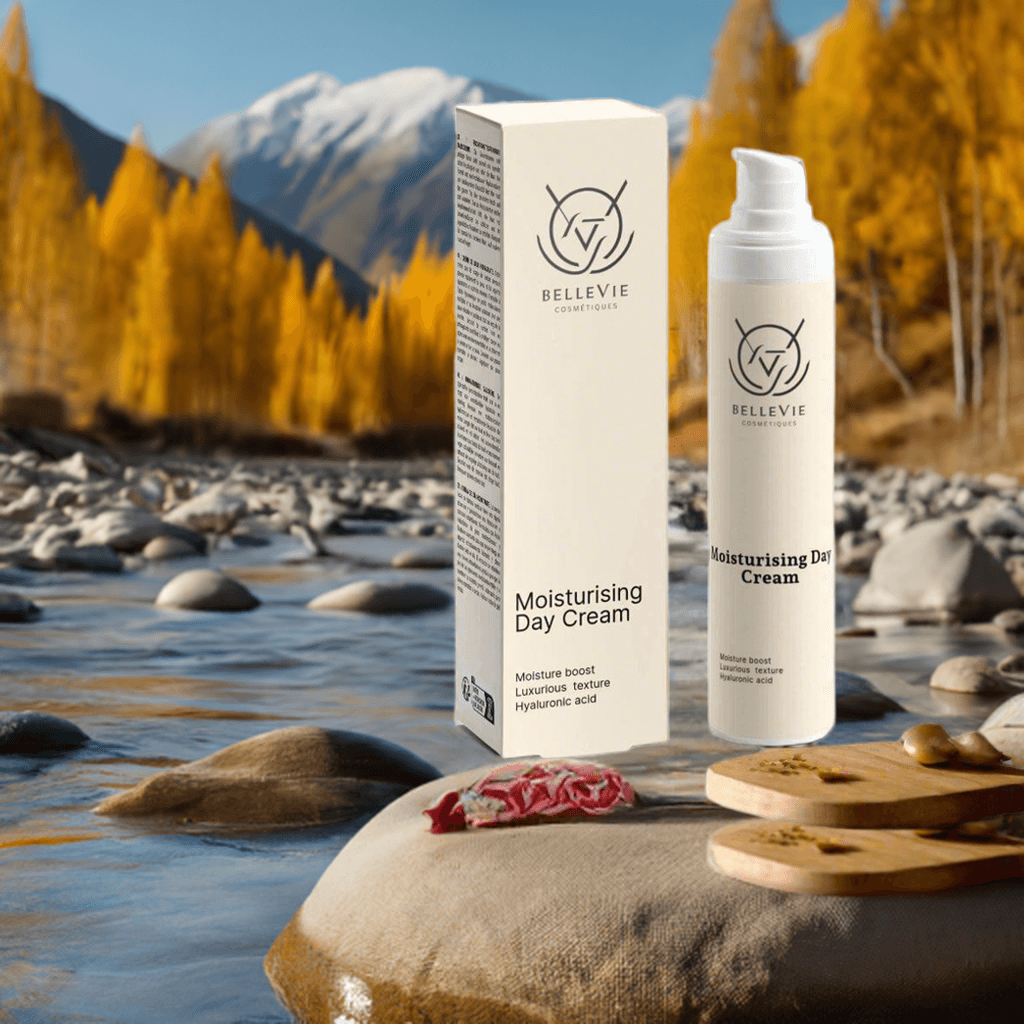 BelleVie day cream with dual hyaluronic acid, bisabolol and rowanberry extract - plump, dewy and protected skin all day