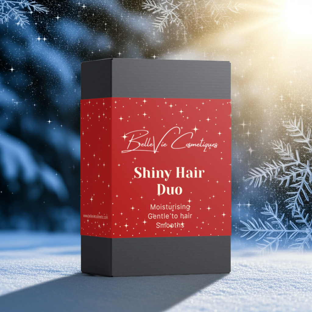 Belle Vie Cosmétiques Shiny Hair Duo packaging with a snowy background