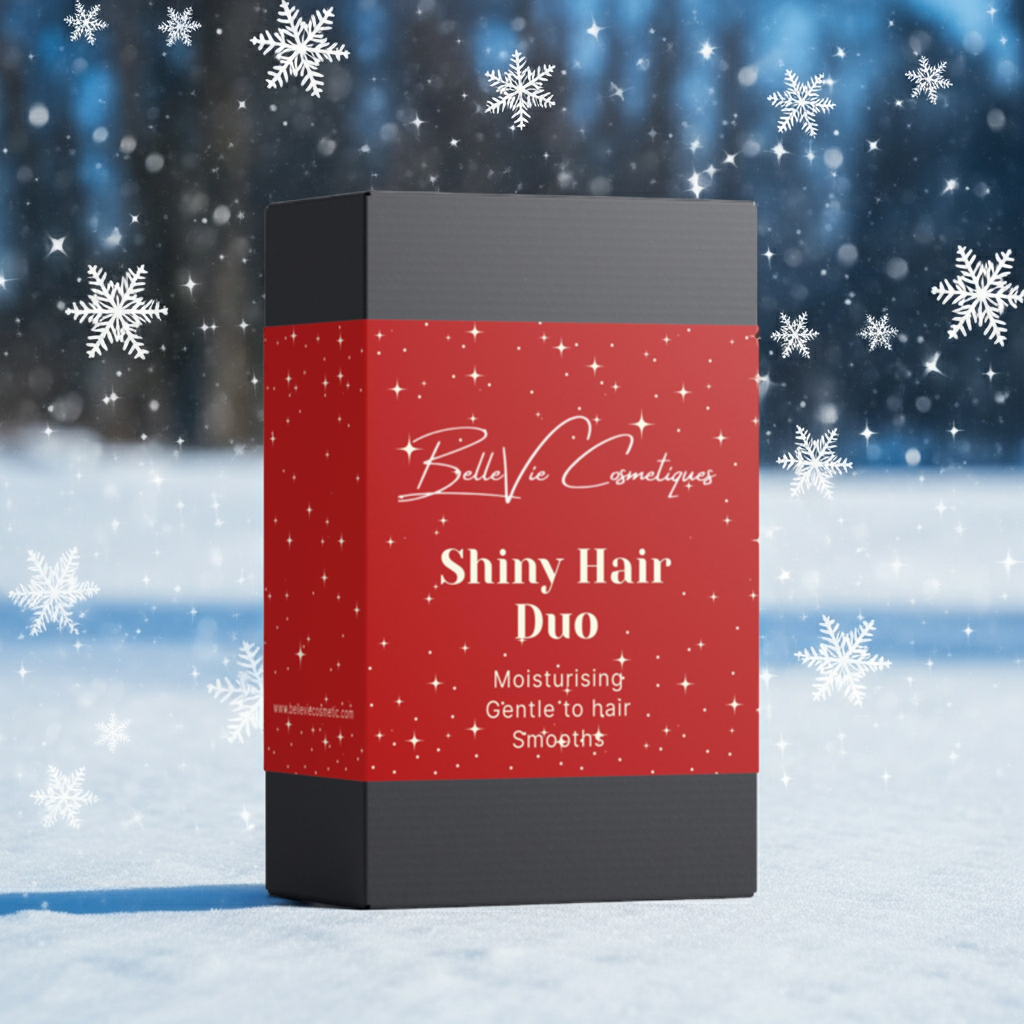 Belle Vie Cosmetiques Shiny Hair Duo packaging with a snowy background