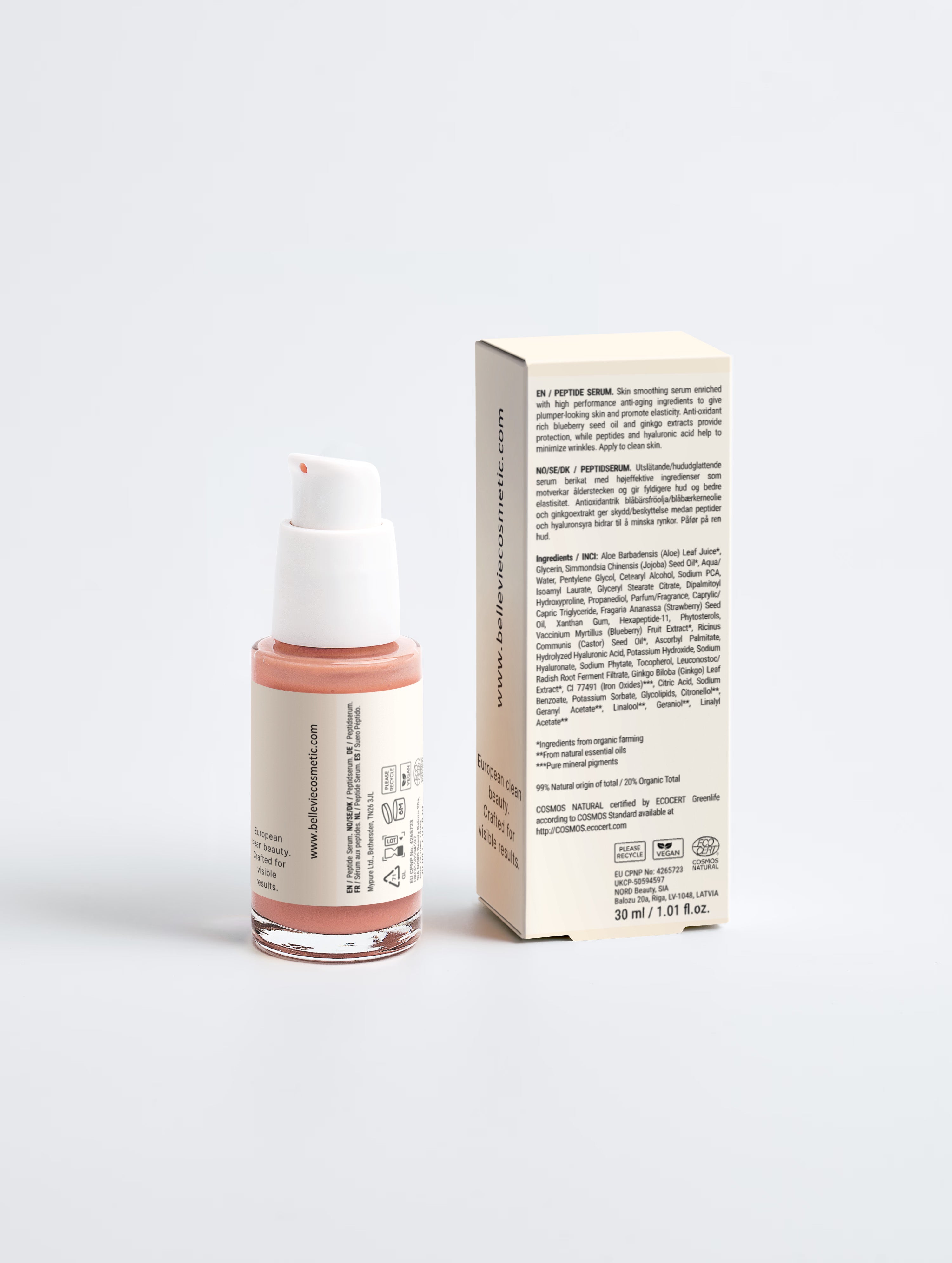 BellevieCosmetic bottle with pump and its packaging on a light gray background