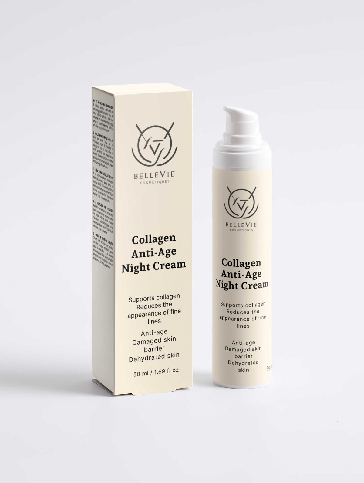 Collagen Anti-Age Night Cream in a white pump bottle with matching cream carton, featuring black text and logo.
