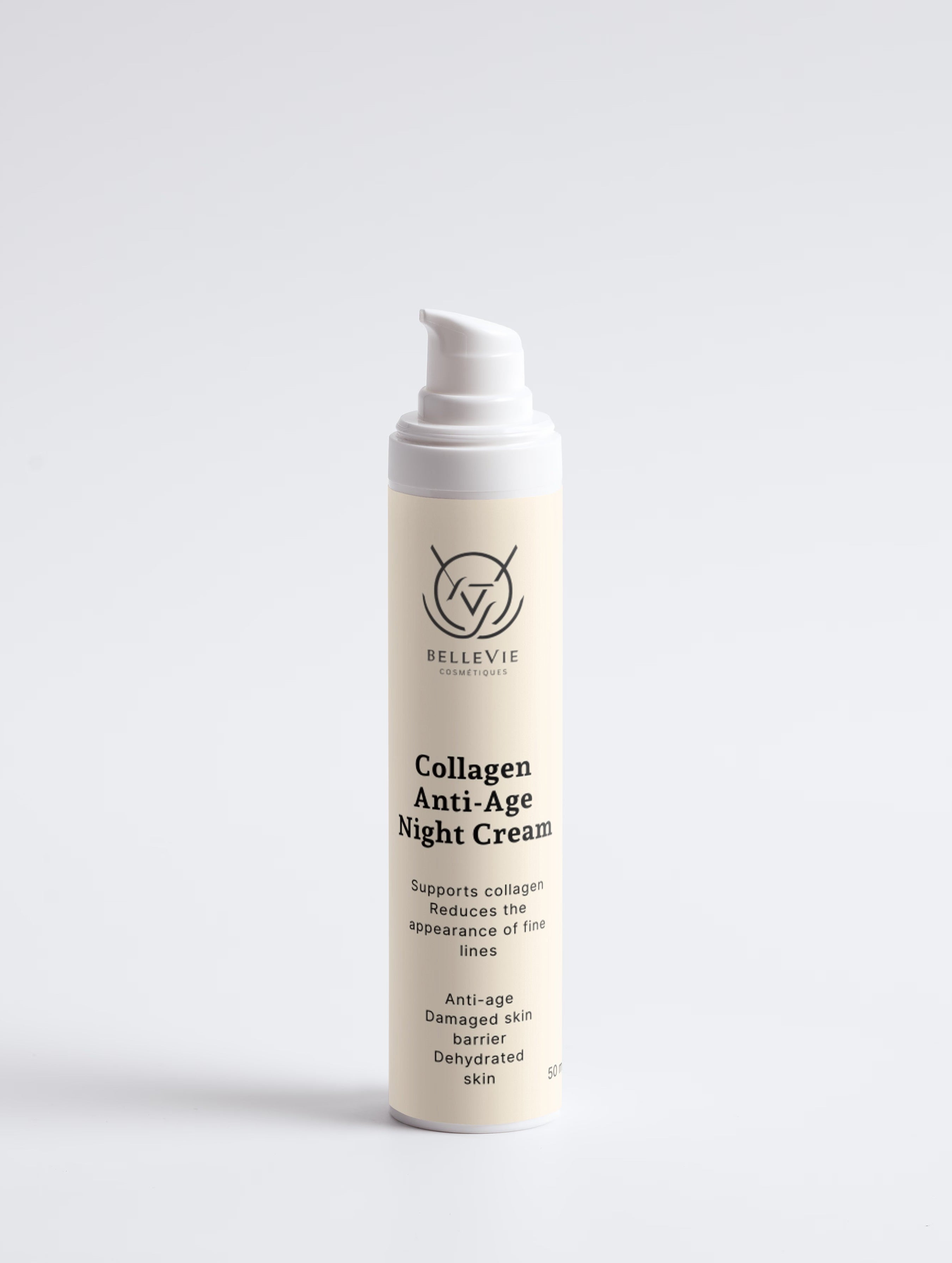 A single pump bottle of Bellevie Collagen Anti-Age Night Cream, shown on a clean, light gray studio background.