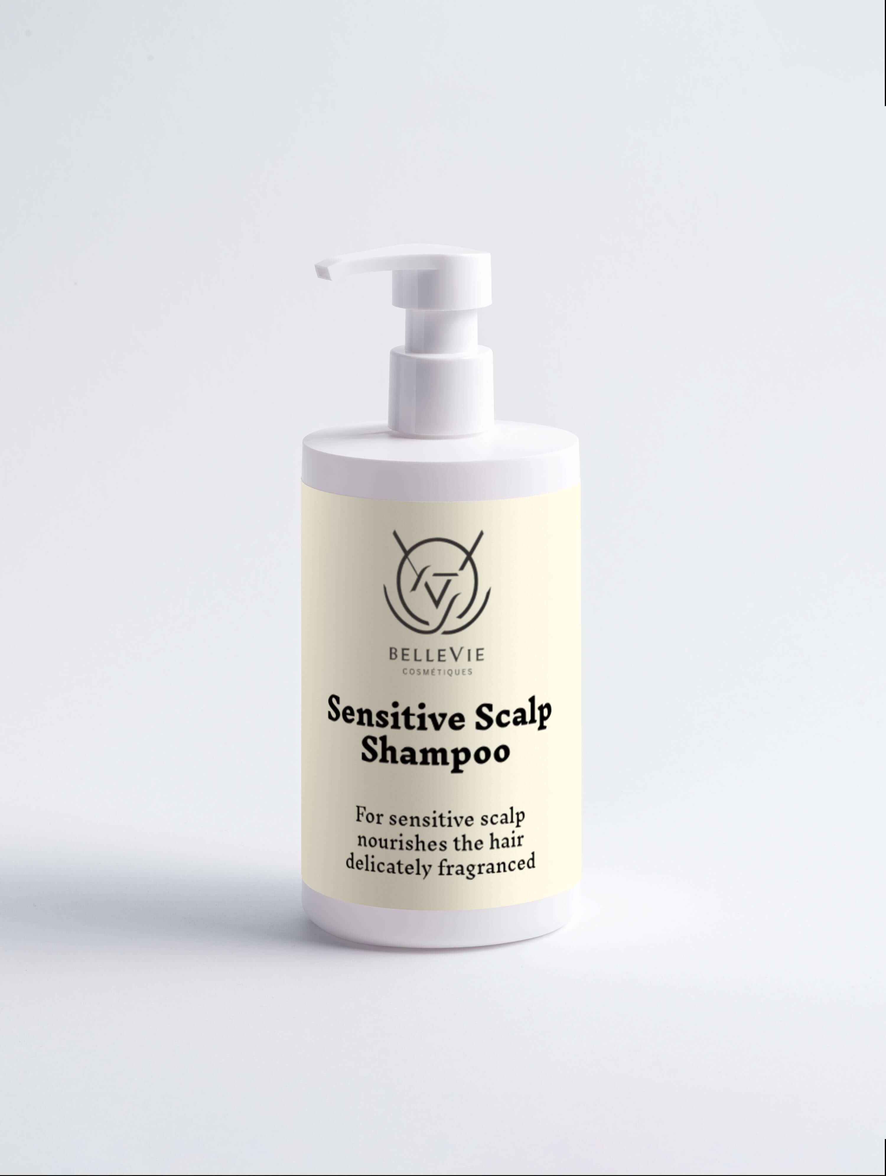 Close-up of Bellevie Cosmetic Sensitive Scalp Shampoo 400ml, infused with aloe vera and chamomile for gentle care of sensitive scalps, natural, COSMOS certified, vegan, cruelty-free"
