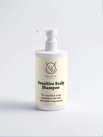 Close-up of Bellevie Cosmetic Sensitive Scalp Shampoo 400ml, infused with aloe vera and chamomile for gentle care of sensitive scalps, natural, COSMOS certified, vegan, cruelty-free"