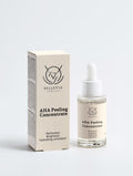 Bellevie Cosmetics AHA Peeling Concentrate skincare, featuring a clear glass dropper bottle with a white cap next to its beige cardboard packaging box on a light gray background.