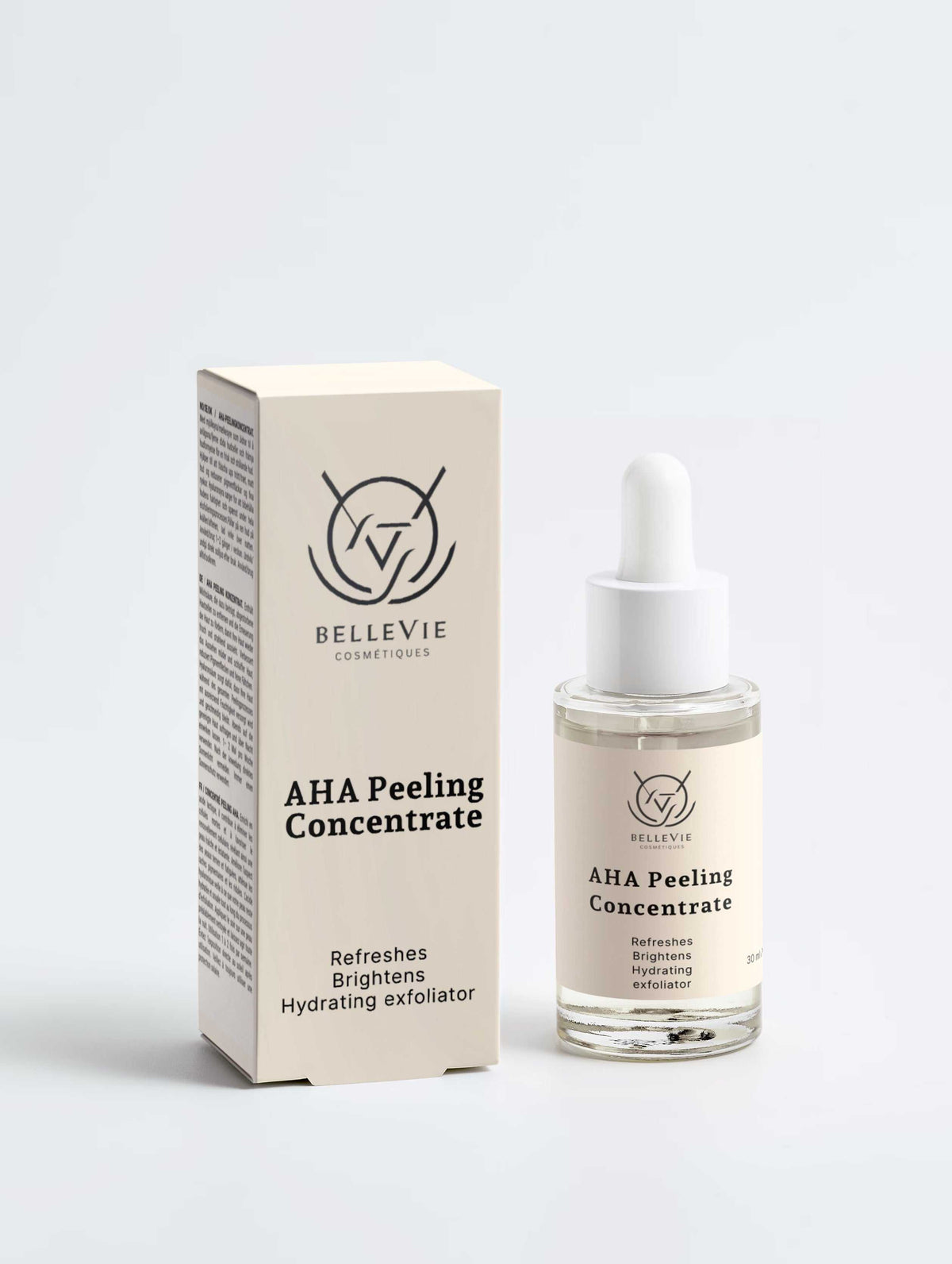AHA Peeling Concentrate 30ml in a clear glass dropper bottle with a white pipette, beside cream packaging with black text and logo.