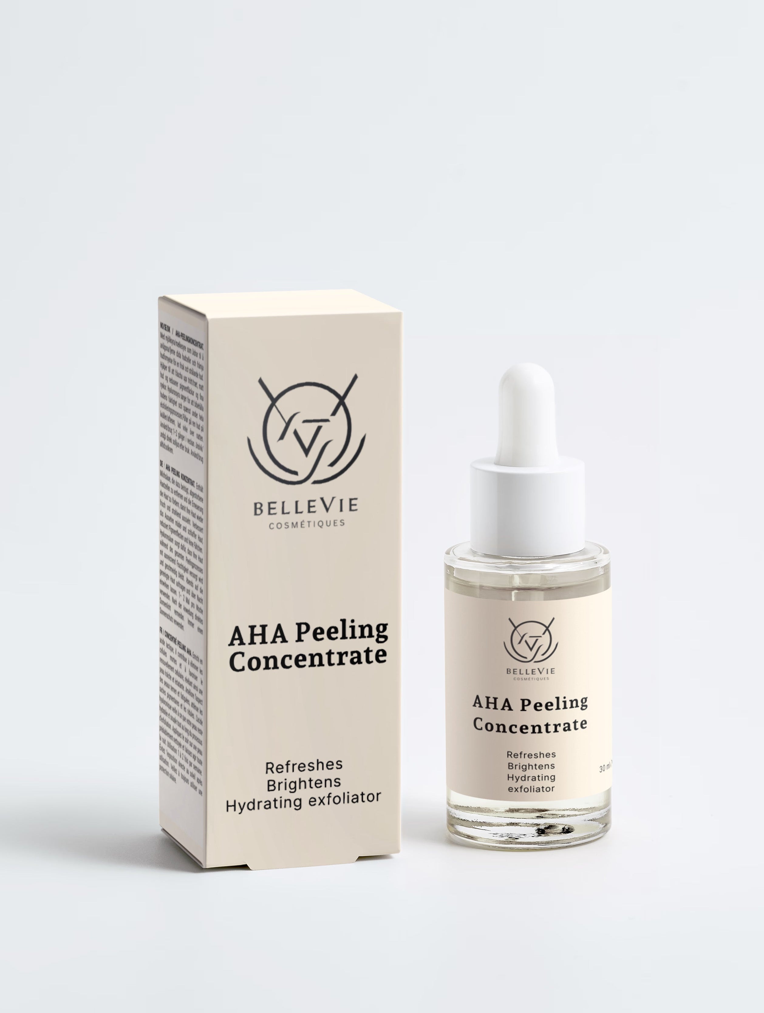 Bellevie Cosmetics AHA Peeling Concentrate skincare, featuring a clear glass dropper bottle with a white cap next to its beige cardboard packaging box on a light gray background.