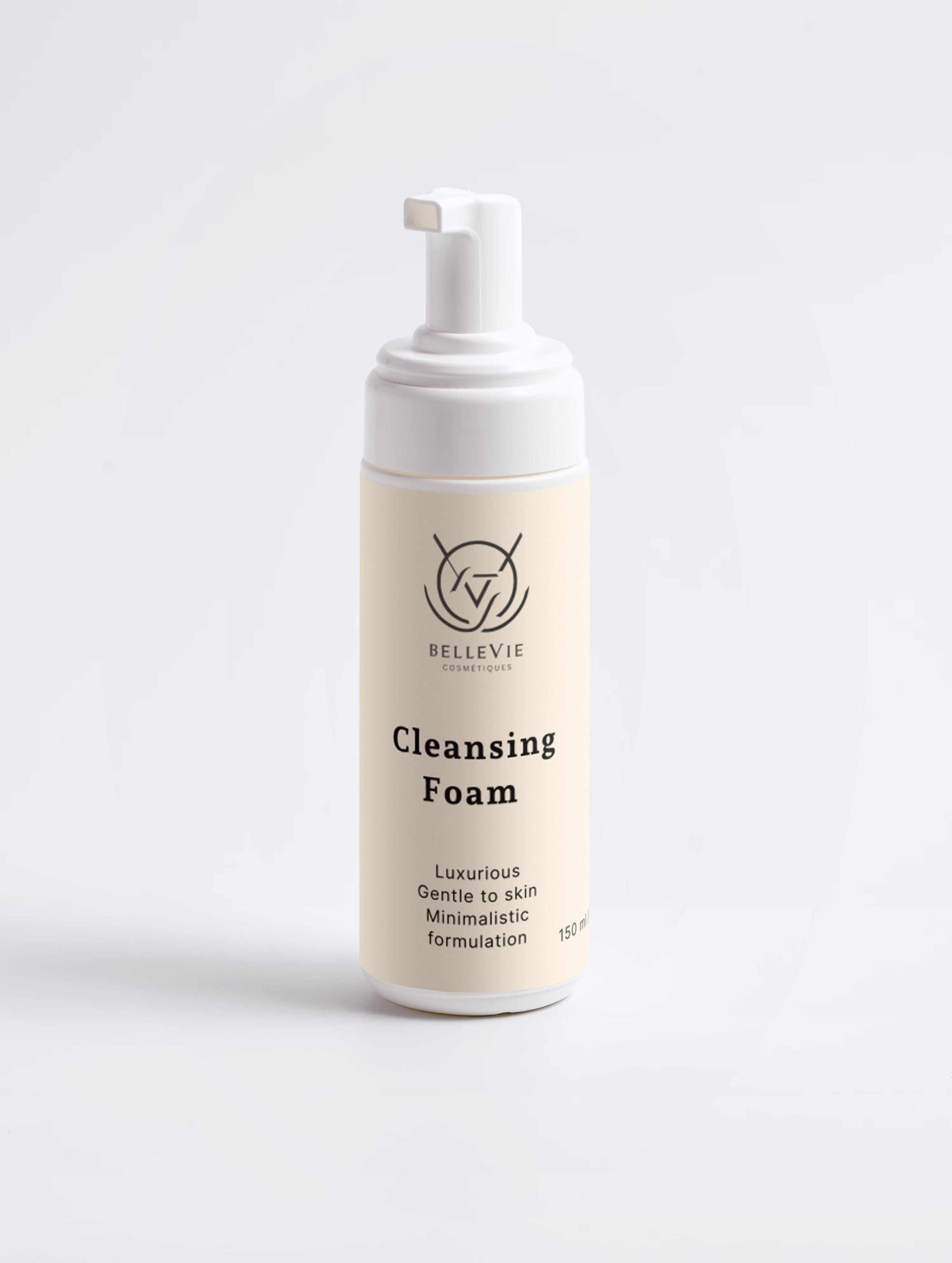 Cleansing Foam 150ml in a cream-colored cylindrical bottle with a white pump dispenser and black BelleVie label text.