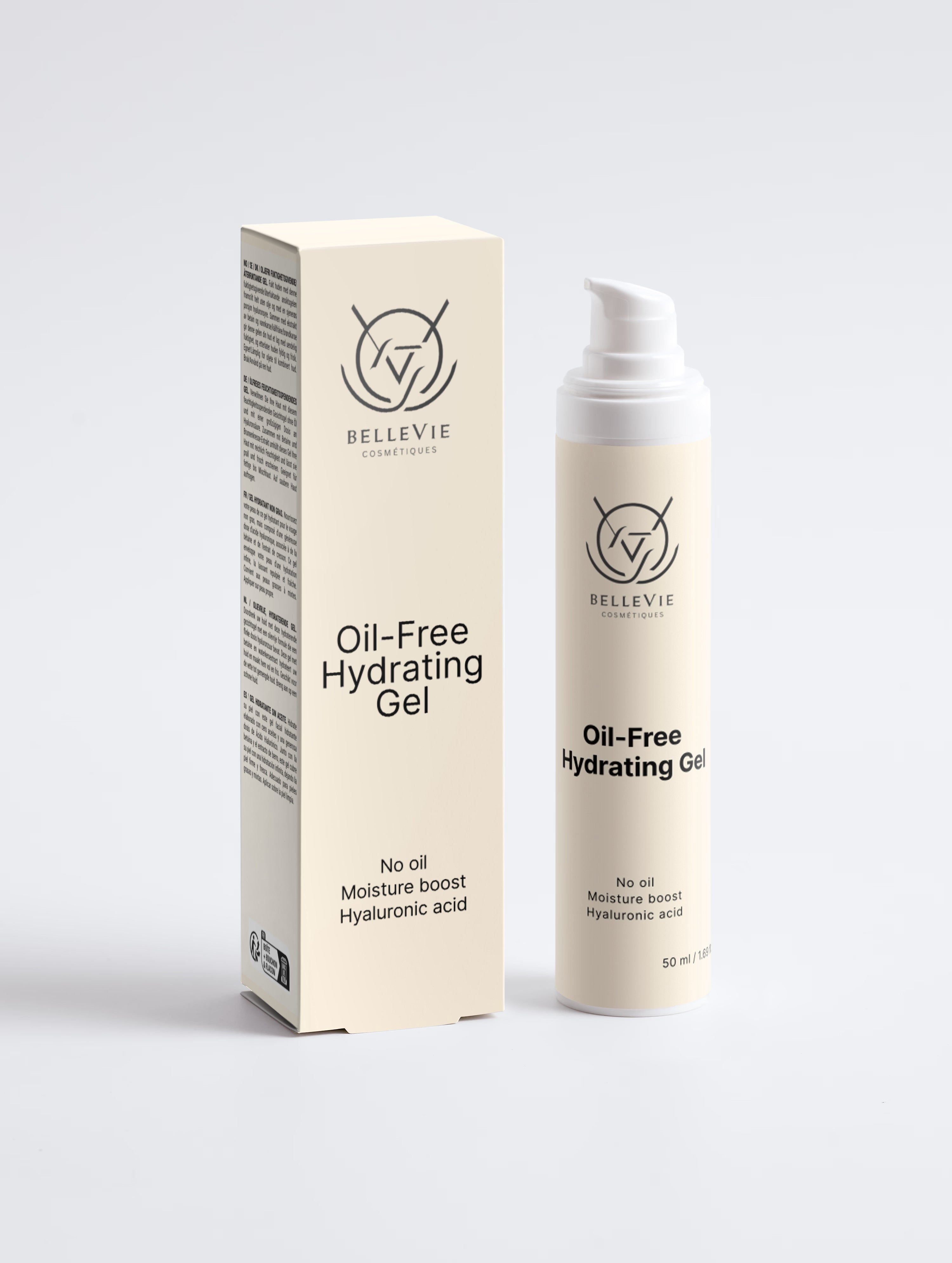 Bellevie Cosmetics Oil-Free Hydrating Gel shown with its cream-colored product box and matching pump bottle against a light gray background.