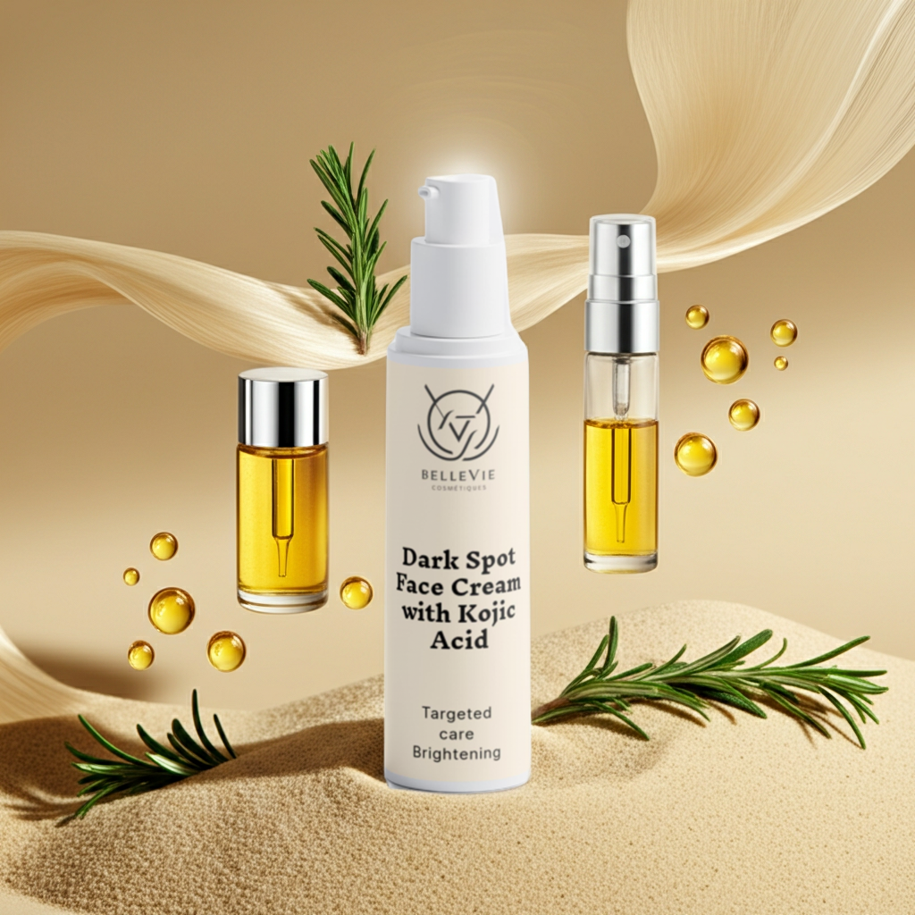 Bellevie dark spot face cream with kojic acid on a beige background with rosemary leaves.