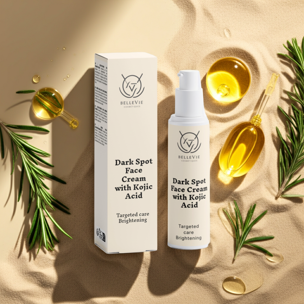 Bellevie Dark Spot Face Cream with Kojic Acid 50ml packaging and product on a beige background with rosemary leaves.