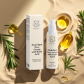Bellevie Dark Spot Face Cream with Kojic Acid 50ml packaging and product on a beige background with rosemary leaves.