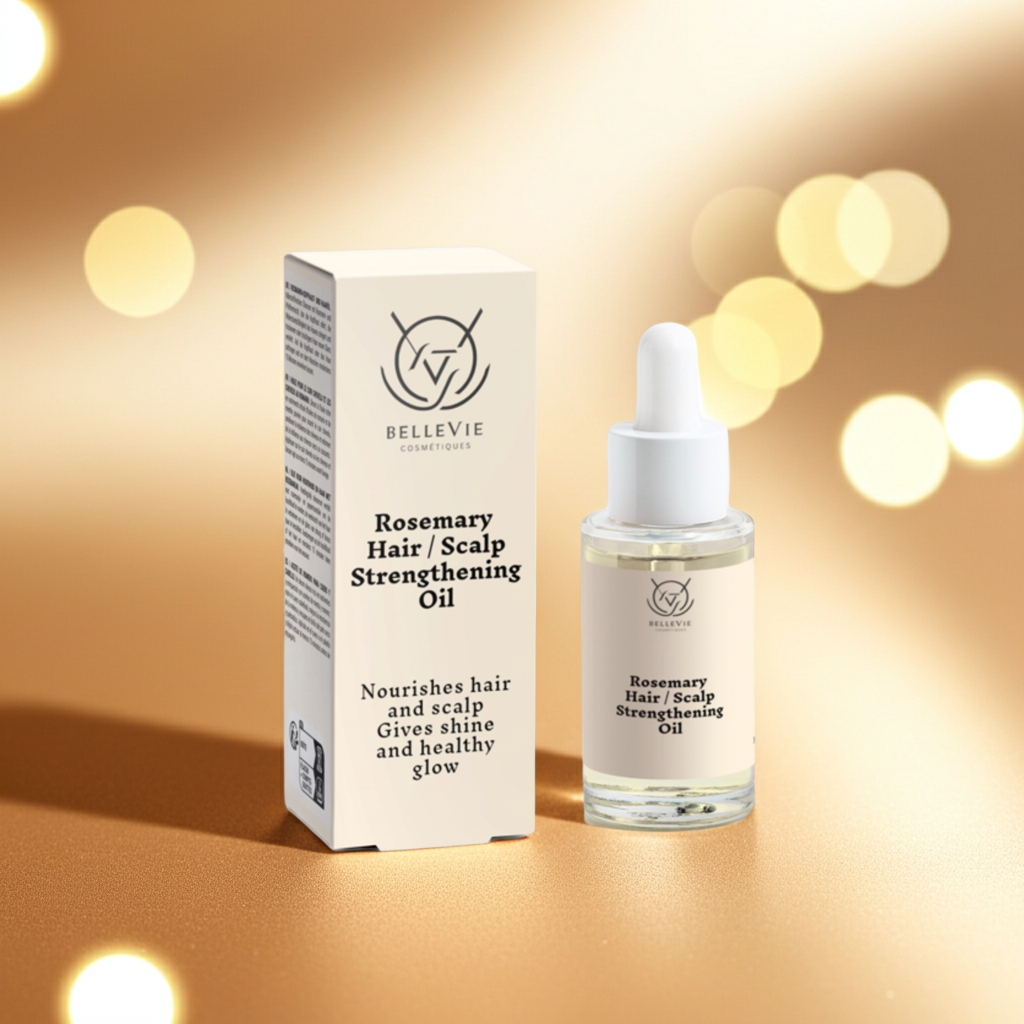 Bellevie's Rosemary Hair & Scalp Strengthening Oil 30ml bottle and packaging on a warm beige background