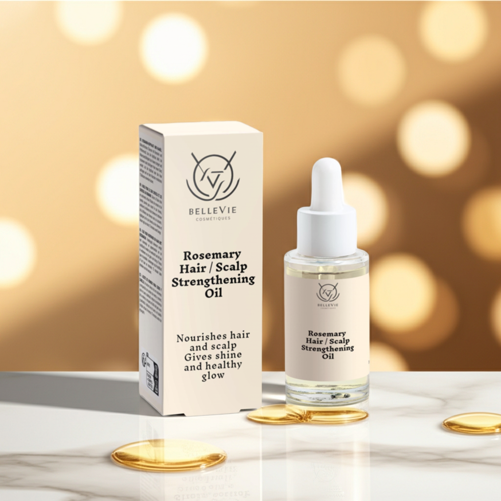 Bellevie's Rosemary Hair & Scalp Strengthening Oil 30ml with packaging on a blurred background