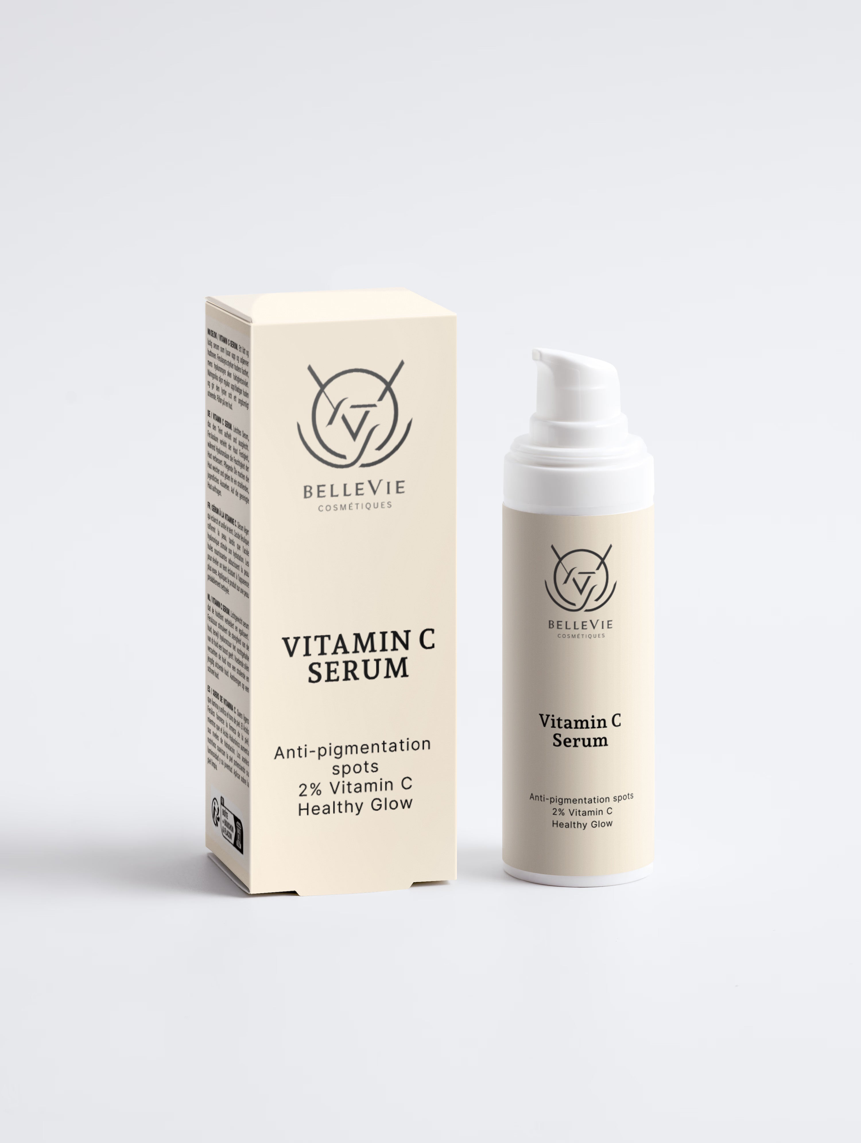 Bellevie Vitamin C Serum shown with its cream-colored product box and matching pump bottle on a light gray background.