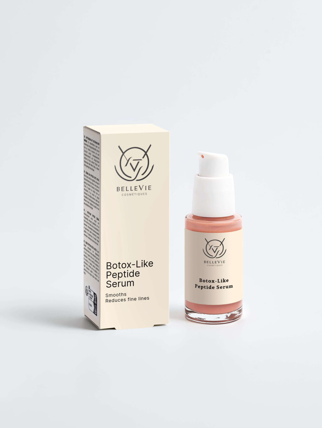 Bottle of Botox-Like Peptide Serum with packaging, reduces fine lines and promotes youthful skin.