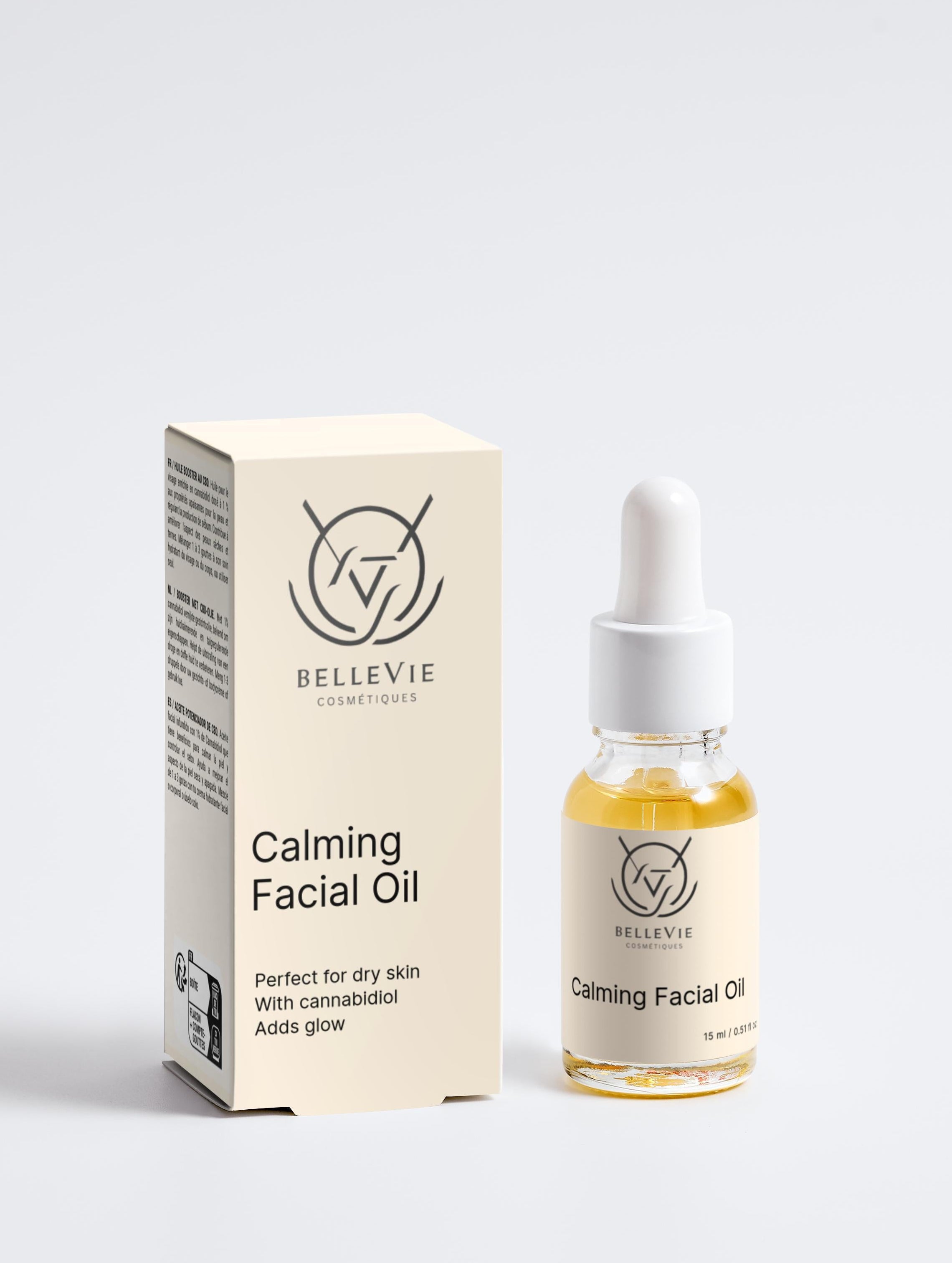 Bottle and box of Belle Vie Calming Facial Oil on a white background