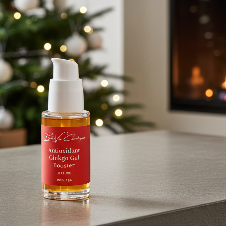 Bottle of Antioxidant Ginkgo Gel Booster on a surface with a festive background