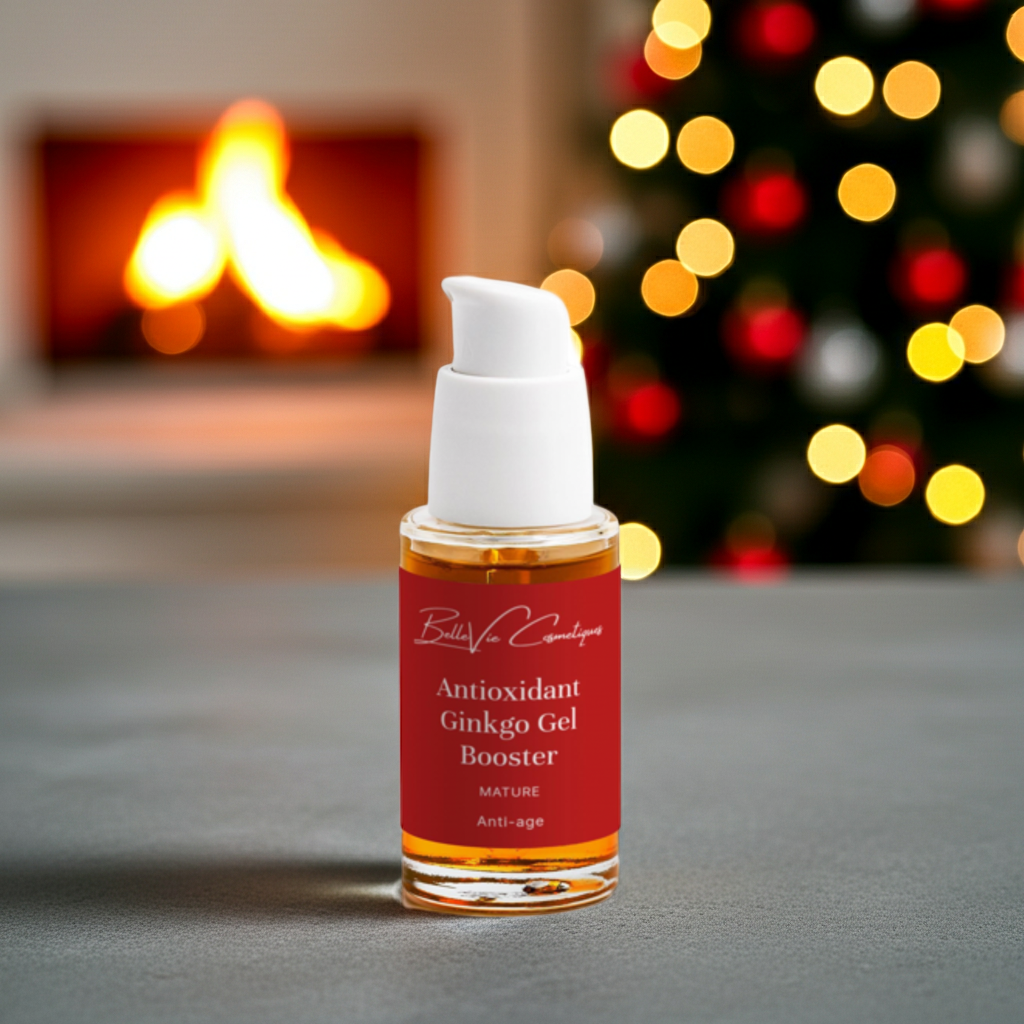 Bottle of Antioxidant Ginkgo Gel Booster with festive background
