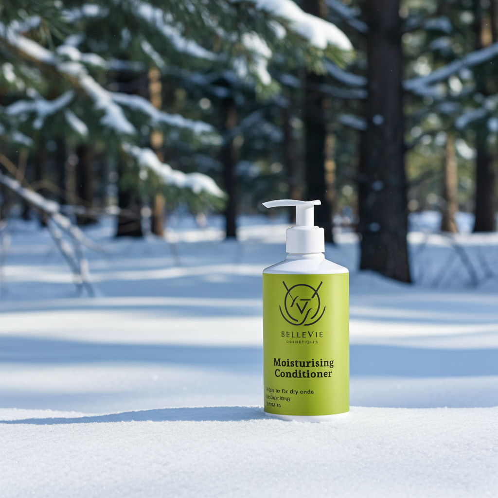Bottle of Believie Moisturising Conditioner in a snowy forest setting