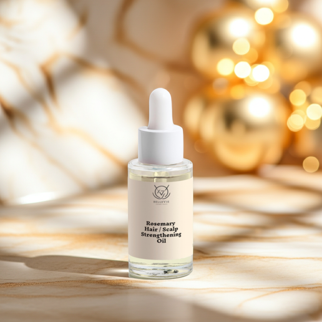 Bottle of Rosemary Hair/Scalp Strengthening Oil on a wooden surface with a blurred decorative background