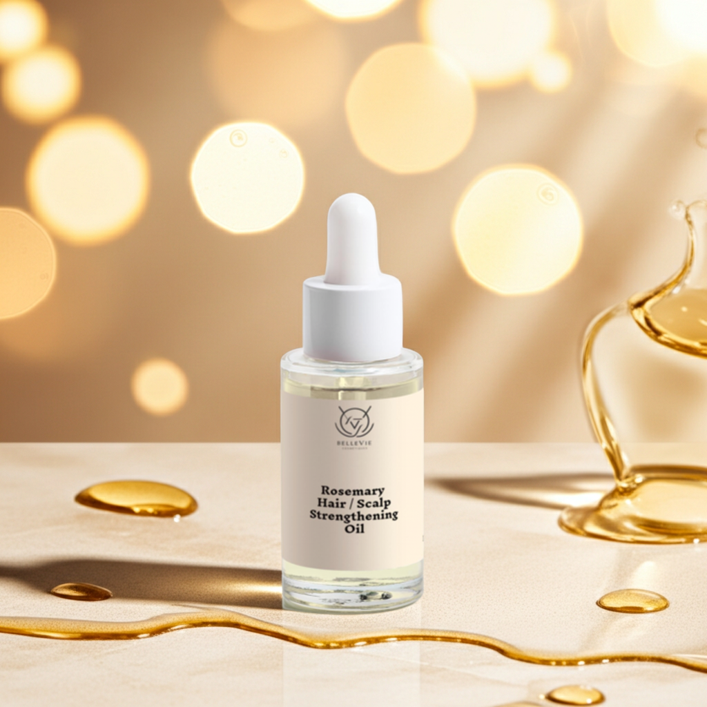 Bottle of Rosemary Hair & Scalp Strengthening Oil 30ml with dropper on a wooden surface with a blurred golden background.
