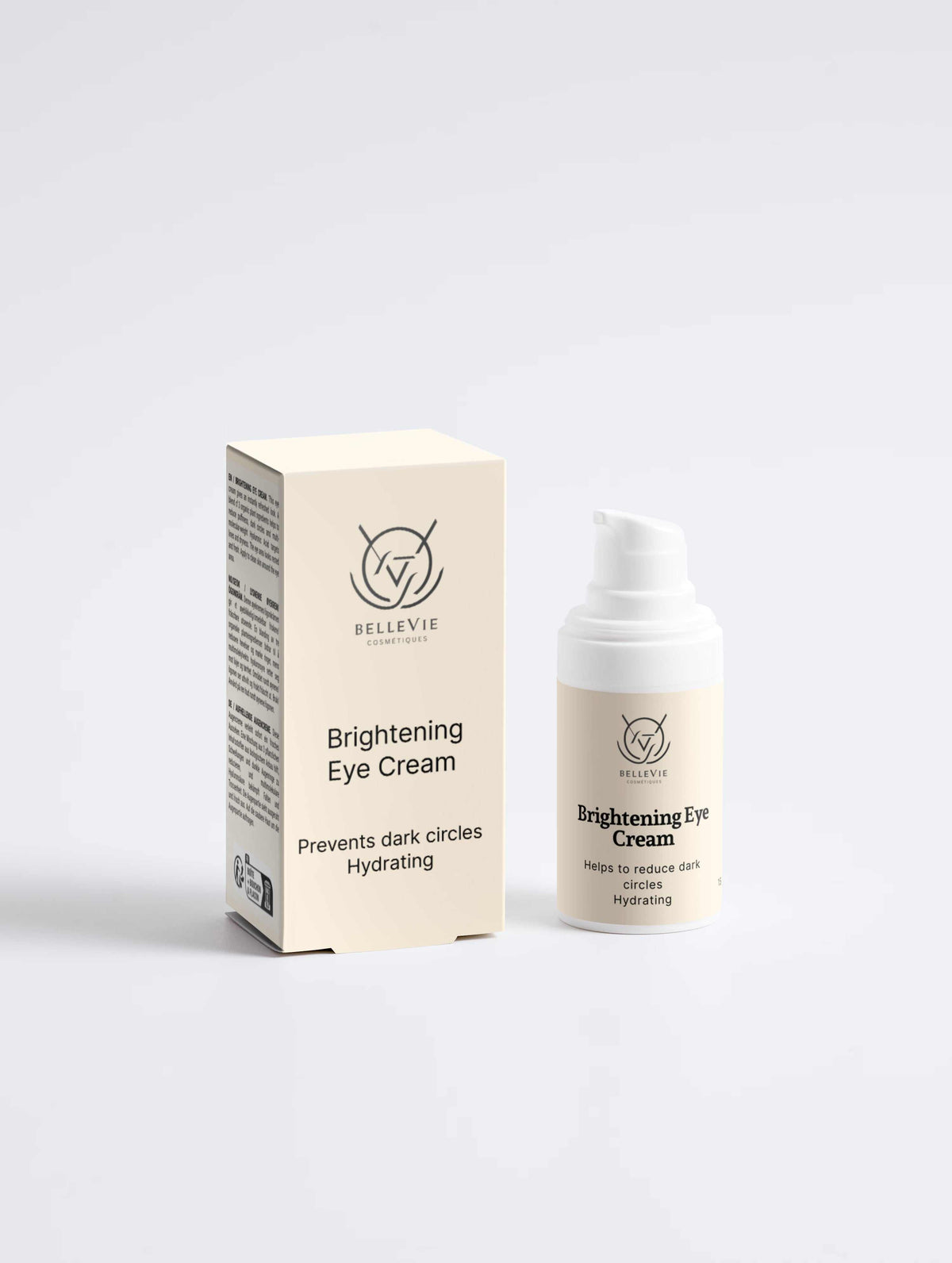 Brightening Eye Cream in a white pump bottle with a matching cream-colored box, featuring black text and logo.