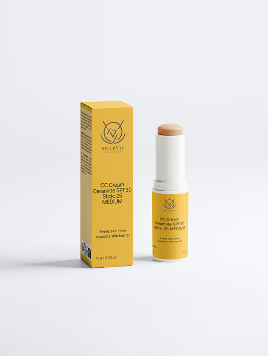 CC Cream Ceramide SPF30 Stick Shade 25 Medium – tinted mineral sunscreen stick with ceramides and zinc oxide by BelleVie