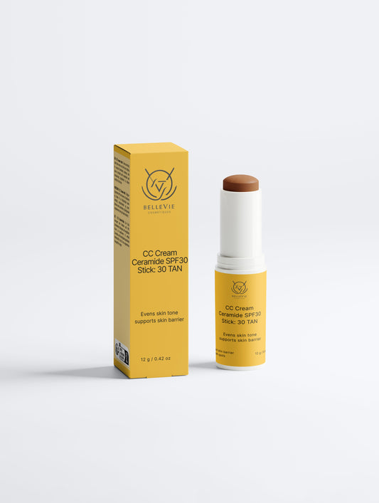 CC Cream Ceramide SPF30 Stick Shade 30 Tan – tinted mineral sunscreen stick with ceramides and zinc oxide by BelleVie