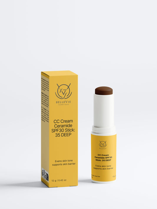 CC Cream Ceramide SPF30 Stick Shade 35 Deep – tinted mineral sunscreen stick with ceramides and zinc oxide by BelleVie