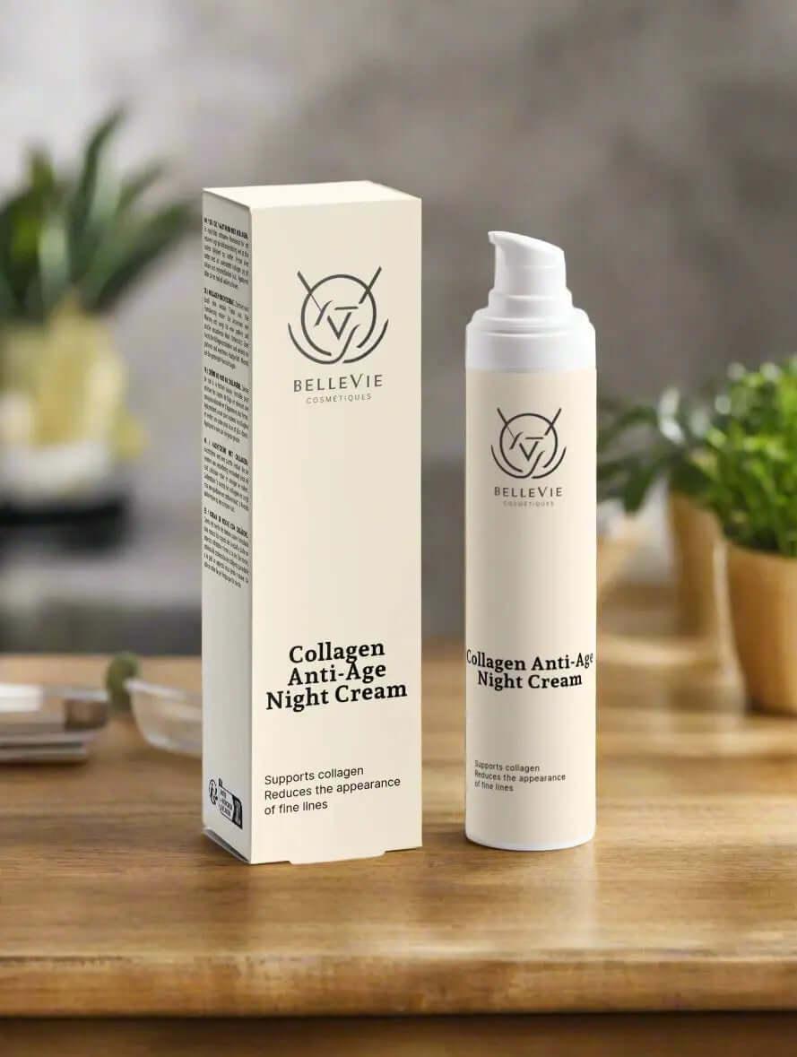 A pump bottle of Collagen Anti-Age Night Cream next to its packaging box, placed on a wooden surface with plants in the background.