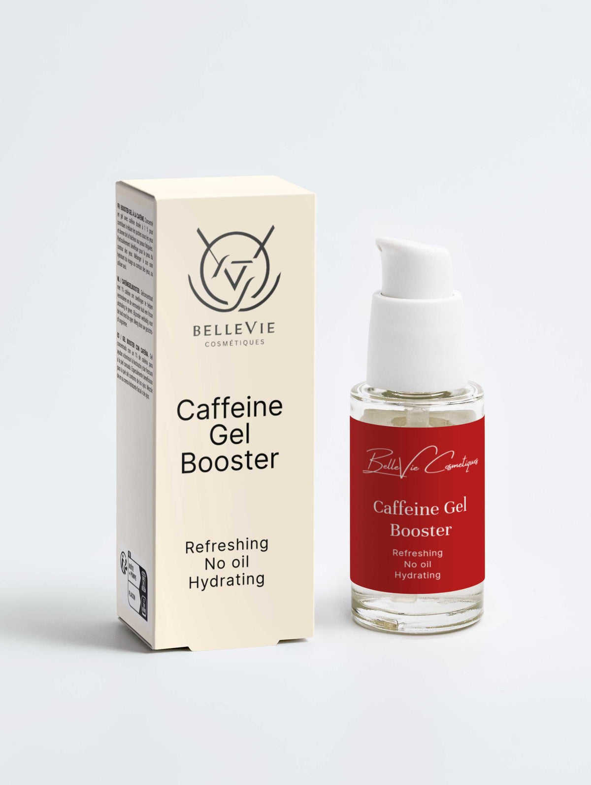 Caffeine Gel Booster serum in a clear glass bottle with a white pump, red label and cream carton packaging.