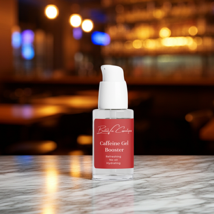 Caffeine Gel Booster bottle on a marble surface with a blurred bar background