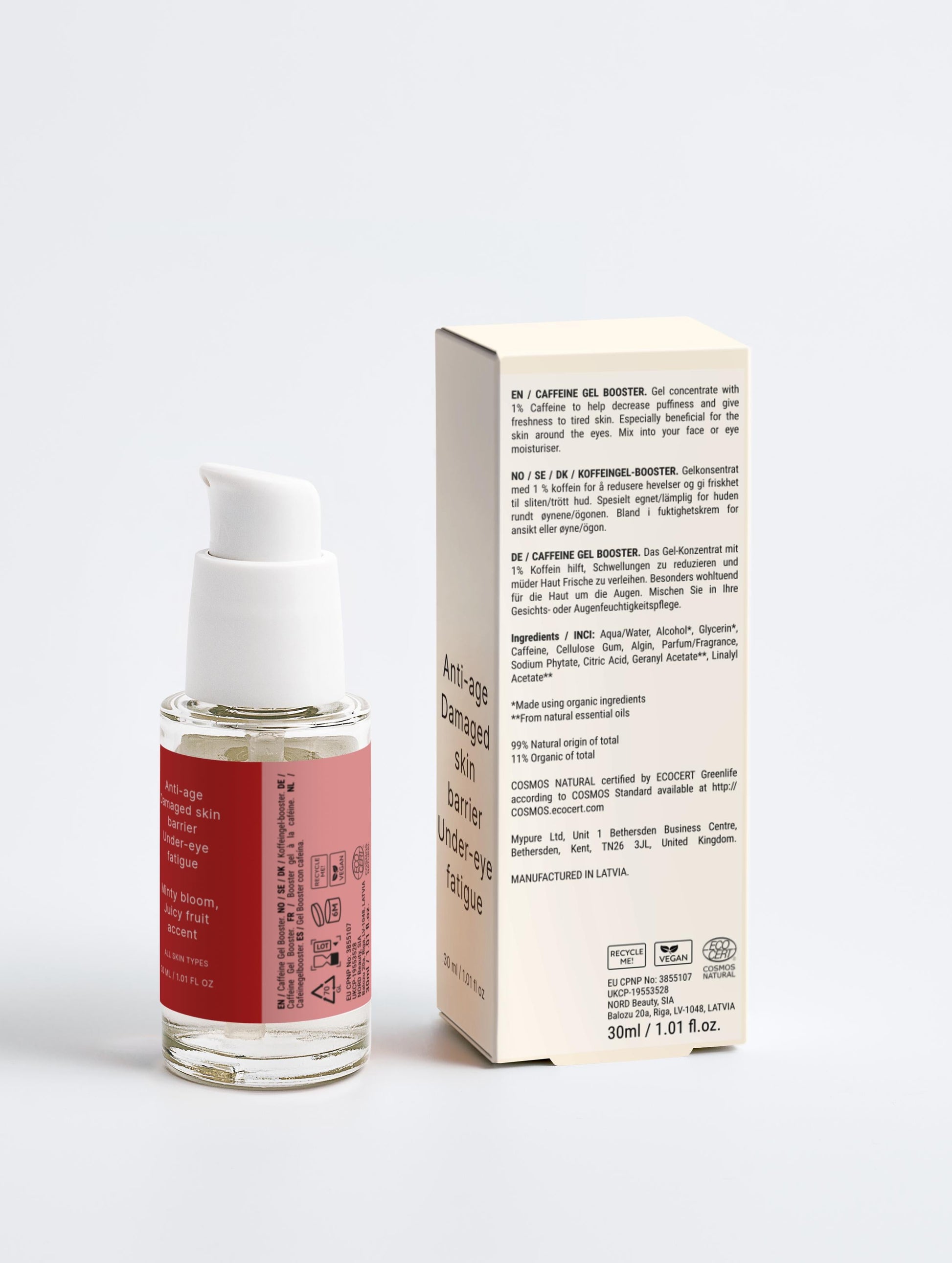 Caffeine Gel Booster bottle with white cap and red label next to its packaging on a light gray background
